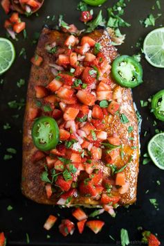 Spice Rubbed Plank Salmon with Strawberry Salsa
