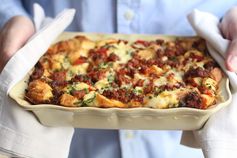 Spicy Breakfast Strata with Chorizo, Red Pepper, and Cheddar