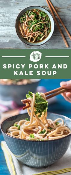 Spicy Pork and Kale Soup with Udon Noodles, Ginger, and Thai Chili