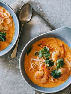 Spicy Red Curry and Coconut Noodle Soup with Shrimp