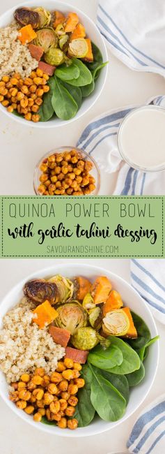 Spicy Sweet Roasted Chickpeas, Garlic Tahini Dressing, and Quinoa Power Bowl