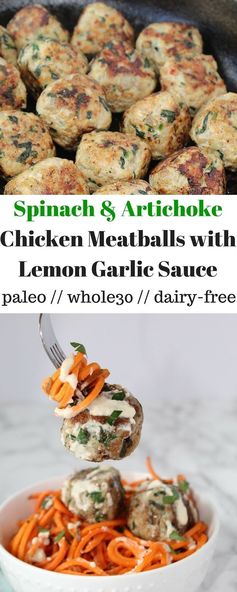 Spinach & Artichoke Chicken Meatballs with Lemon Garlic Sauce
