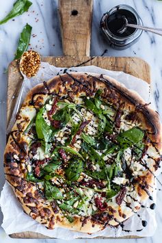 Spring Time Mushroom + Asparagus White Burrata Cheese Pizza with Balsamic Drizzle