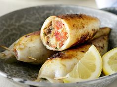 Squid stuffed with feta, parsley and chorizo