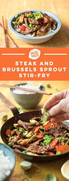 Steak and Brussels Sprout Stir-Fry with Carrot, Ginger, and Jasmine Rice
