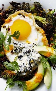 Stir-Fried Black Rice with Fried Egg and Roasted Broccoli