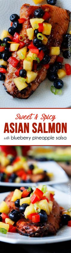 Sweet and Spicy Asian Salmon with Blueberry Pineapple Salsa