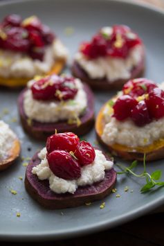 Sweet Potato Crostinis with Spiced Ricotta and Roasted Cranberries