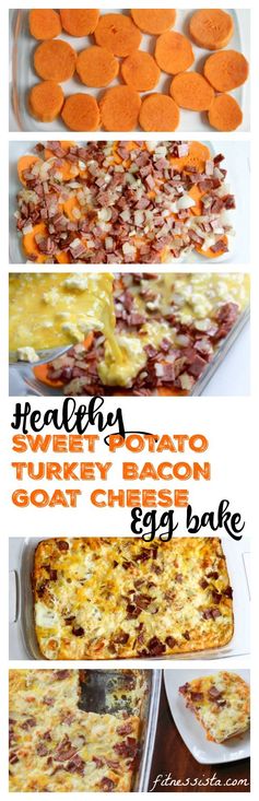 Sweet potato, turkey bacon, and goat cheese egg bake