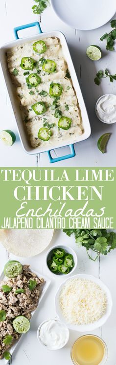 Tequila Lime Chicken Enchiladas with a Jalapeño Cilantro Cream Sauce