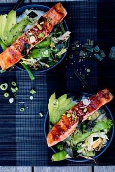 Teriyaki Salmon Bowls with Sesame Greens and Avocado