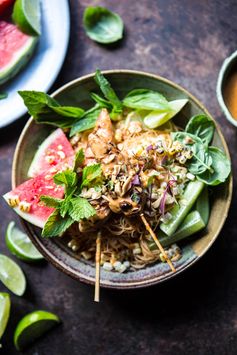 Thai Peanut Chicken Noodles with Charred Corn + Lime Watermelon