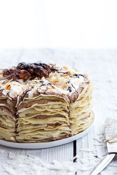 Toasted Coconut Cream Rum and Chocolate Mousse Crepe Cake