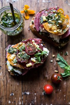 Tomato, Salami and Chunky Arugula-Basil Pesto Bruschetta