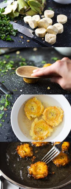 Tostones: Puerto Rican Fried Plantians with Rice and Beans