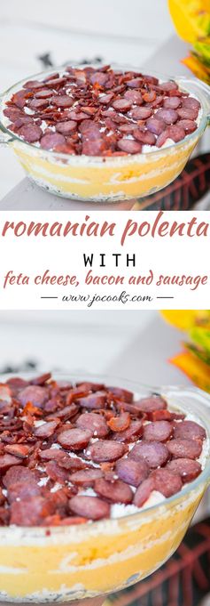 Traditional Romanian Polenta with Feta Cheese and Bacon (Mamaliga cu Branza in Paturi