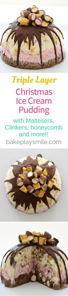 Triple Layer Christmas Ice-Cream Pudding with Choc Honeycomb, Clinkers, Maltesers & More