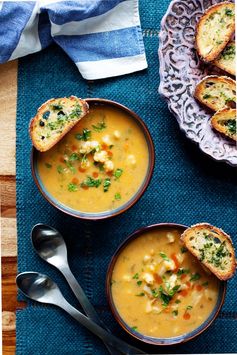 Vegan Buffalo Cauliflower Chowder with Herbed Crostini