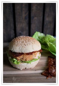 Vegan Chicken Burger with Rice Paper Bacon and Sriracha Mayo