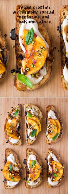 Vegan crostini with smoky white bean spread and nectarine