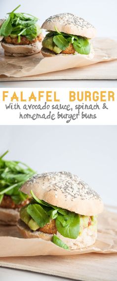 Vegan Falafel Burger with avocado sauce, spinach & homemade burger buns