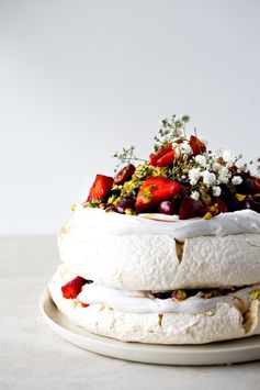 Vegan Pavlova with Saffron Berries, Passionfruit & Pistachios