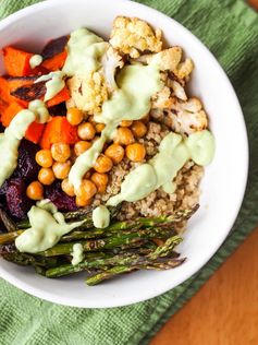 Vegan Quinoa Power Bowls with Roasted Veggies and Avocado Sauce (Gluten-Free
