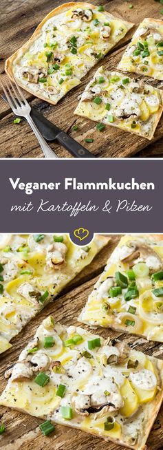 Veganer Flammkuchen mit Kartoffeln, Pilzen und Frühlingszwiebeln