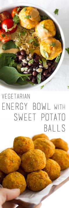 Vegetarian energy bowl with sweet potato balls