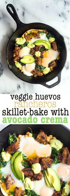 Veggie Huevos Rancheros Skillet Bake with Avocado Crema