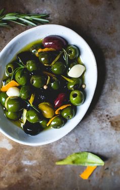 Warm Olives with Citrus, Rosemary, and a Splash of Gin