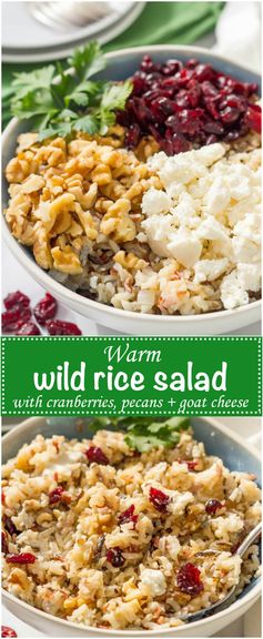 Warm wild rice salad with cranberries, pecans and goat cheese