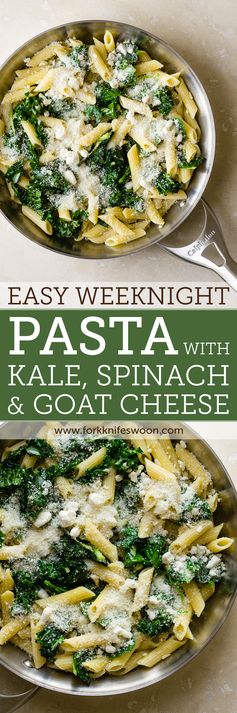 Weeknight Kale, Spinach and Goat Cheese Pasta