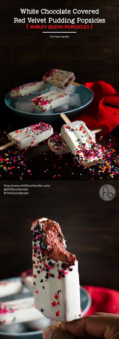 White Chocolate Covered Red Velvet Pudding Popsicles