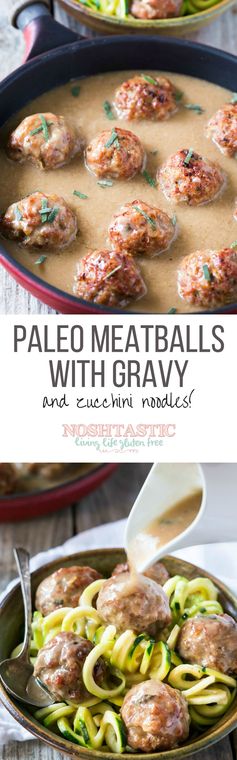 Whole 30 Paleo Meatballs with gravy and zoodles