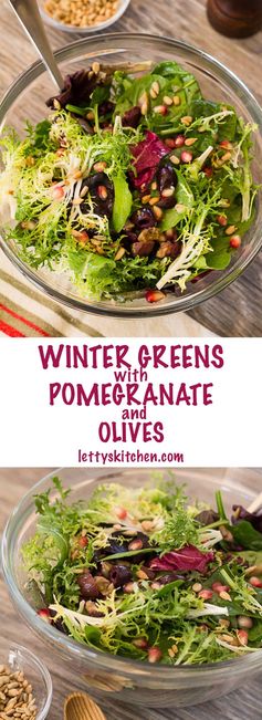 Winter Greens with Pomegranate Seeds and Olives