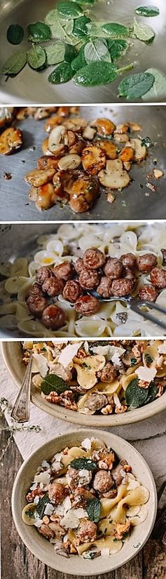 Winter Pasta with Mushrooms, Sausage Meatballs, Walnuts & Crispy Sage